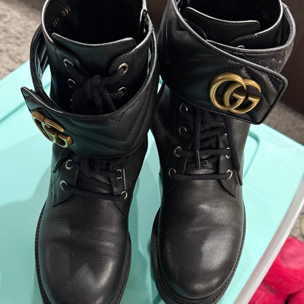 Gucci Black Leather GG Buckle Lace-Up Combat Boots